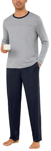 Leversic Pyjama Homme Hiver Coton Vêtements de Nuit Homme 2 Pièces Haut Rond à Manche Longue Bas Pyjama avec Poches 454-Gris XL