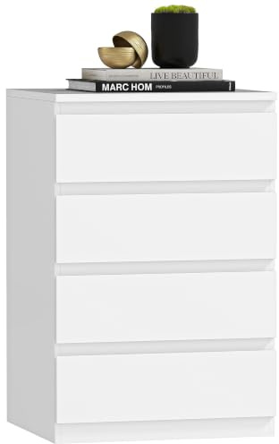 HOMCOM Commode à 4 tiroirs avec Fermeture Douce, Commode pour Chambre à Coucher, Commode pour Salon, Bureau, Style Moderne, 45x40x68 cm, Blanc