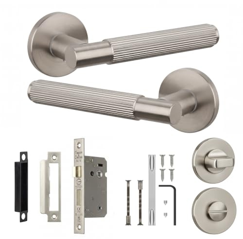 Decoranddecor Hera Silver Bathroom Door Handles with Lock and Turn Release | Silver Bathroom Handle Lock Kit, Thumb Turn Privacy, En Suite Cloakroom Doors, Door Handles Internal, Brushed Chrome Look