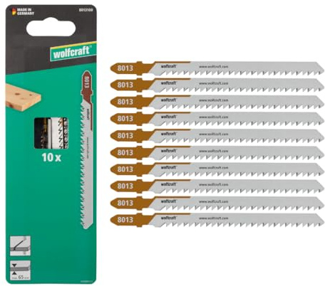 wolfcraft 10 Jigsaw Blades for Fine Cuts - HCS T-Shank for Softwood & MDF | Compatible with T-shank jigsaws, 3mm conical teeth spacing, 65mm cutting depth for wood and chipboard, 8013100