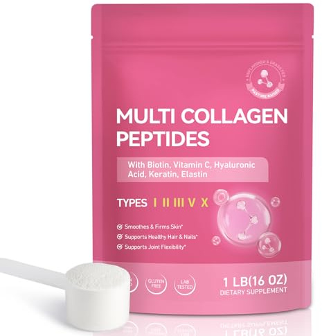 Kollagen Pulver 16 Unzen, Multi Kollagen Peptide Pulver Typ I, II, III, V, X + Biotin, Hyaluronsäure, Keratin, Elastin, Vitamin C, Kollagen Peptide für Haare, Nägel, Haut und Gelenkgesundheit