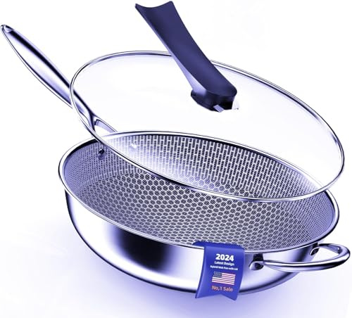 Kiseely Padella Wok, Wok ibrido per friggere da 34cm con coperchio, Wok antiaderente con manico Stay-Cool, compatibile con tutti i piani cottura compresi quelli a induzione (ED2)