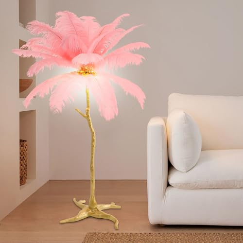 Gdetnysty Stehlampe mit Straussenfedern elegante Federlampe moderne Luxus Deko Bodenlampe 120cm LED 3 Farbtemperaturen weiss neutral warm E14 Birnen inklusive für Wohnzimmer Schlafzimmer Dek (Pink)