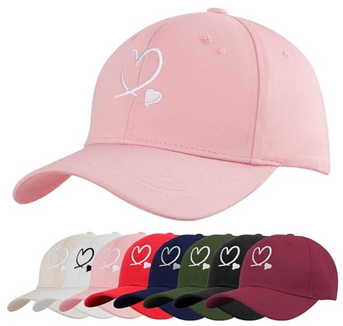 Tiakay Unisex Heart Embroidered Baseball Cap - Adjustable Cotton Breathable UV Protection Summer Sun Hat for Casual Outdoor Travel Sport Wear Sports Cap (Pink)