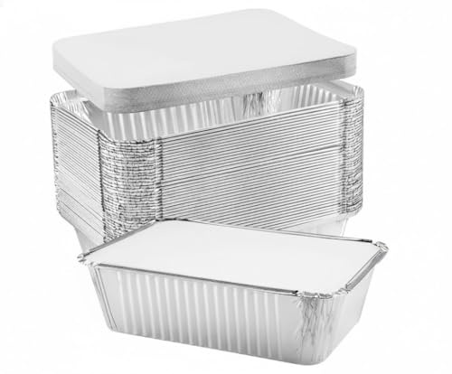 Hot n Fresh H-Pack 50 x Aluminium Foil Container with Lid Disposable Tin Storage Heat Resistance Box for Meal Prep Catering Supply Baking Roasting (No.6a)