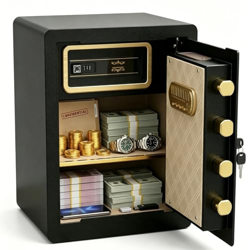 Asylosss 53L Home Safe with Hidden Code Drawer, Adjustable Shelf | 3-Layer Storage, Heavy Steel Multipoint Bolts, Triple Access, Dual Alarm, Wall Mountable – for Cash, Jewelry, Documents
