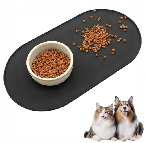 Napfunterlage Hund, Napfunterlage Katzen, 45 x 25 cm Wasserfeste Silikon Futtermatte wasserdichte Haustierfutter Matte für Kleine Hunde und Katze (Schwarz)