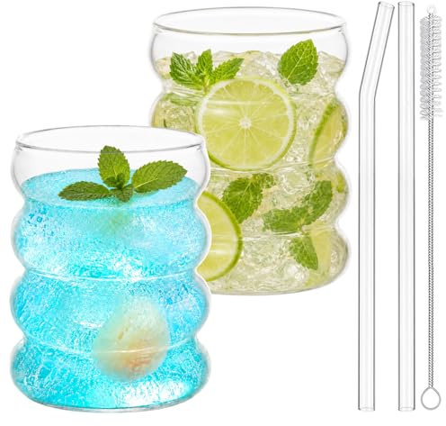 Juego de 4 vasos acanalados con pajitas de cristal, vasos de 350 ml, vasos de matcha, vasos de cóctel, vasos de café helado, vasos largos, con cepillo, para whisky, yogur, refrescos, café (4)