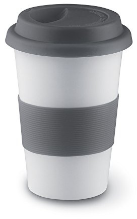 Keramikbecher mit Silikon-Deckel und einem Silikon-Band um die Hände vor der Hitze zu schützen , grau