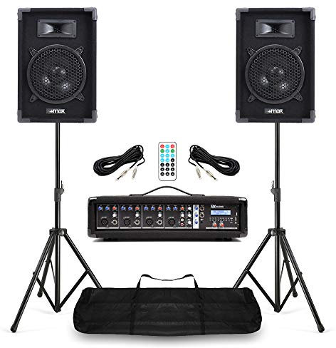Compact Band PA System with 8 Passive Speakers, 4 Channel Powered Mixer, Bluetooth & Tripod Stands – Portable PA for Singers, Bands, DJs, Church & Events, Complete Live Sound Package