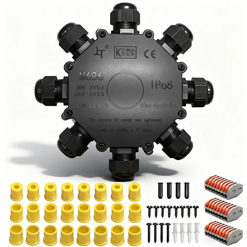 Abzweigdose, Verbindungsdose, HUYU 8 Wege Junction Box, IP68 Wasserdichte Verteilerdose, Kabelverbinder Aussen, Elektrischer Außenverteilerdose, Erdkabel Klemmdose, Kabeldurchmesser Ø 4mm-14mm, 8 Wege