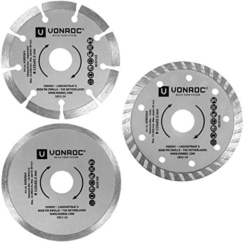 VONROC Discos diamantados - universales, 115mm - 3 piezas - piedra, hormigón y cerámica
