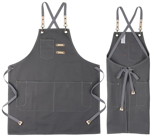 VANTOO Canvas Schürze mit Taschen für Damen und Herren, Künstlermalerei Küchenschürze, Maschinenwaschbar,grau