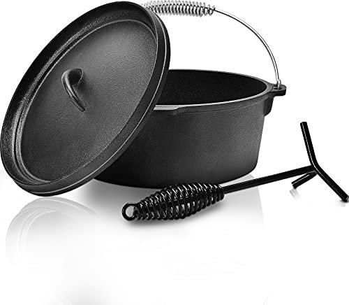 5 Quart Cast Iron Dutch Oven Pre-seasoned Pot with Lid Lifter Handle, Casserole Pot with Lid Lifter for Camping Cooking BBQ Baking
