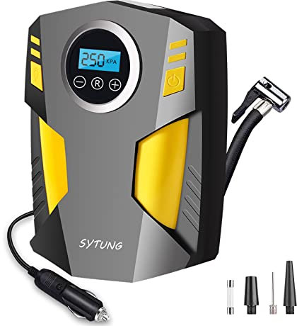SYTUNG Inflador Ruedas Coche, Compresor Aire Portatil de Neumáticos de Coche con 3 Adaptadores de Boquilla y Luces LED Digitales, de Aire para Neumáticos de Coche y Otros Inflables