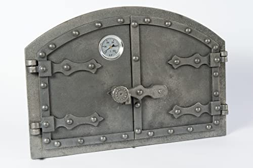 Euro Sezam - Ofentür aus Gusseisen im ungarischen Stil - Massive dicke Ofentür - Pizzaofentür mit 500c-Thermometer - KK001 - Doppeltür mit Türschloss - Türen für Pizzaöfen 53.20x5.50x35.50cm