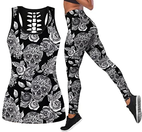 DRZHEAM Dam sockerskalle yogakläder för kvinnor 2-delat set, halloween linnen leggings träning träningskläder för flickor, Skalle 01, XL