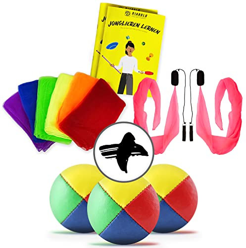 Jonglierset für Kinder und Erwachsene - 2 Leucht Pois in pink inkl. praktischem Beutel, 3 Profi Jonglierbälle, 6 Jongliertücher & hilfreiche Anleitung - ideal zum Start in die Jonglage