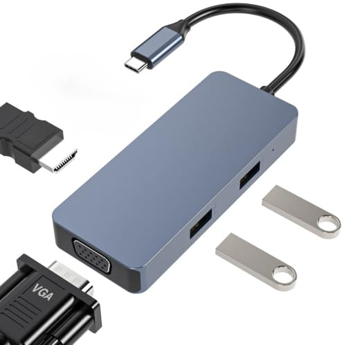 HUB USB C Tiergrade 6 en 1, Adaptateur USB C vers USB avec Lecteur de Carte 4K HDMI, VGA, 2 Ports USB 2.0, Station d'accueil USB C pour MacBook HP et Autres Ordinateurs Portables de Type C