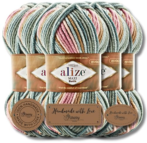 Hobby YARN 3x Etikettenlabel mit Alize Superlana Maxi Batik Wolle Premium 5x100g als Set, Yarn, Garn, Strickgarn mit Farbverlauf, Baby, zum Häkeln, Stricken, Kleidung, Schals (7803)