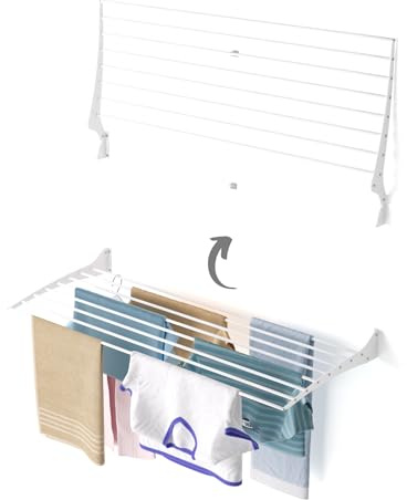 Foxydry Fold, wandwäscheständer, klappbar platzsparend, 116 cm | aus aluminium und edelstahl, nach oben klappbar, rostfrei, für terrasse und balkon, trägt 10 kg, weiß
