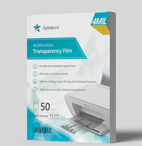 Optiazure Transparency Film, Overhead Projector Film for Inkjet Printer, Acetate Sheets for Crafts, Letter Size 50Pack Sheets