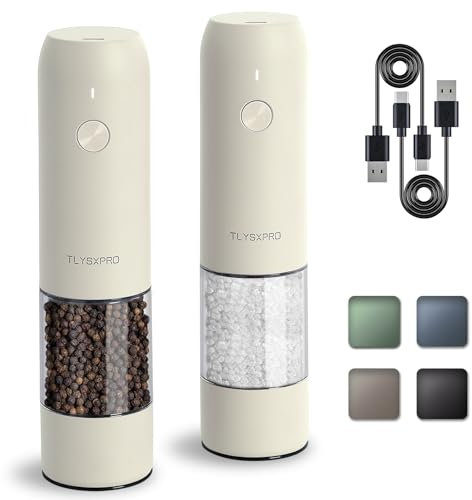TLYSXPRO Juego de Molinillo Pimienta Eléctrico y Salero, Recargable por USB, Molinillo de Salero y Pimentero con Granulometría Ajustable, Salero y Pimentero Eléctrico, Luz LED (2 Piezas, Buttercream)