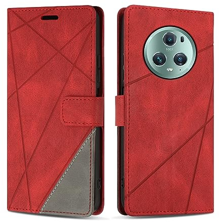 SONWO Hülle für Honor Magic 5 Pro 5G, Premium PU Leder Handyhülle Flip Case Wallet Silikon Schutzhülle Klapphülle für Honor Magic 5 Pro 5G, Rot