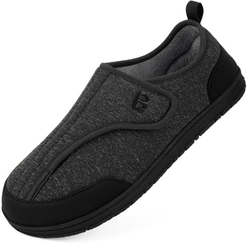 LongBay Men's Wide Fit Slippers Cozy Memory Foam House Shoes with Adjustable Hook-and-Loop Comfort for Swollen Feet Black 10