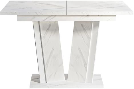 Mirjan24 Tisch für Esszimmer Druztin II, Rechteckiger Esstisch, Praktischer Auszugstisch 120/160, Küchentisch, Esszimmertisch, Ausziehtisch (Marmor Bianco/Weiß Hochglanz)
