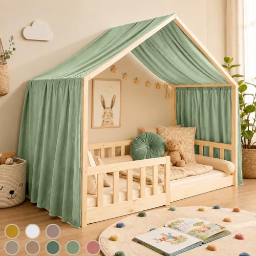 Hook Hausbett Himmel Deko Set, Betthimmel Hausbett aus Musselin - 1 Betthimmel & 1 Wimpelkette, für Jungen Mädchen Deko für Kinderzimmer, Baldachin Kinderzimmer Deko I 135 x 320cm Hellgrün