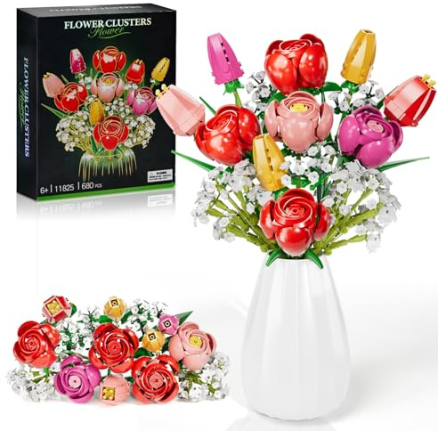 Flower Bouquet Building Set, Red Rose Wild Flower Bouquet Building Kit, Roses Artificial Flowers Botanical Collection Building Block Toy for Adults, Kids, Birthday Gifts for Mom and Girlfriend