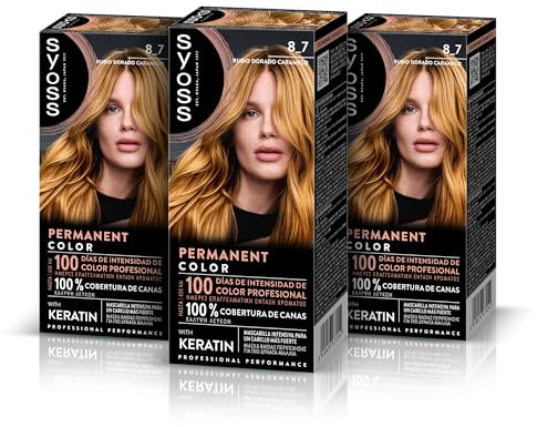 SYOSS Permanent Color 8-7 biondo dorato caramello, tintura per capelli e maschera con cheratina per una copertura professionale dei capelli grigi, colore duraturo e cura intensiva, confezione da 3