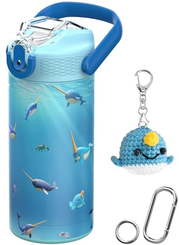MYFOREST 400ml Gourde isotherme pour enfants, doublure anti-odeurs de qualité chirurgicale, passe au lave-vaisselle, étiquette nominative, siroteuse douce (Océan. Narvals)