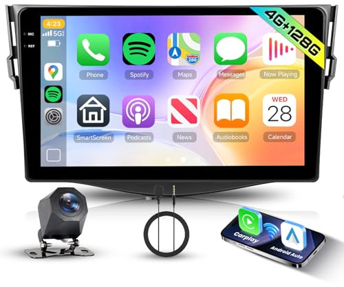 Hodozzy 4G+128G Android Radio para Toyota RAV4 2007-2012 con Carplay Android Auto Inalámbrica, 9 Pulgadas InCell Pantalla Táctil 2 DIN Radio Coche con GPS WiFi, Bluetooth DSP FM RDS Cámara Trasera