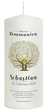Liamoria® Kommunionkerze Baum des Lebens mit Namen, Datum und Spruch - Modell Sebastian - Andenken und Geschenk zur Kommunion (20 x 8 cm)