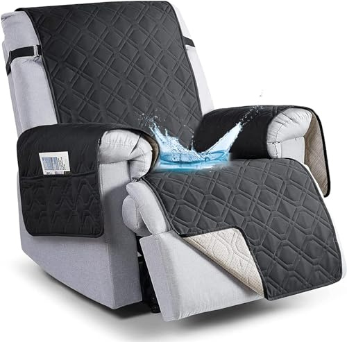 QQJIN 100% Waterproof Recliner Chair Cover with Pockets, Elastic Strap, Non-Slip Armchairs Covers, 1 Seat Anti-fouling Washable Recliner Protector for Kids, Dogs, Pets,Black,1 Seater