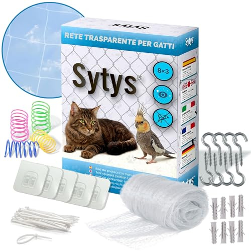 Rete per Gatti Balcone Senza Fori + 4 Giocattoli in Regalo | (8x3m) | Trasparente | Rete Gatti Finestre | Rete Gatti Terrazzo | Rete Gatti Balcone | Kit Installazione Completo Incluso