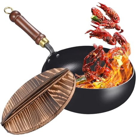 antiaderente – Padella in ferro resistente al calore con coperchio | Non rivestita e grande capacità per cucinare | in ferro per interni, campeggio, casa, cucina, ristorante