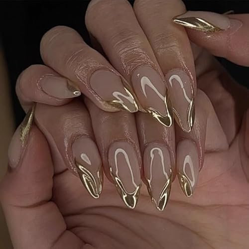 LunarCharm 24 pièces de faux ongles dorés avec pointe française, ongles artificiels de taille moyenne en forme d'amande avec design, ongles en acrylique chromé doré brillant à coller