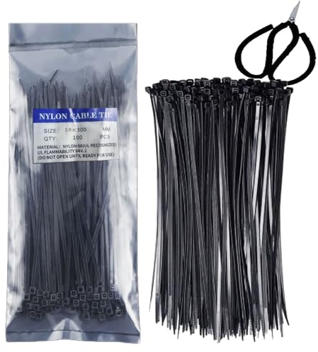 JuYxrjyou 100 Pack Black Cable Ties 3.6mm x 300mm with Scissors – Strong Zip Ties, Nylon Tie Wraps for Home, Office, Garden, Garage, Cable Management, Multi-Purpose Wire Organizer Set