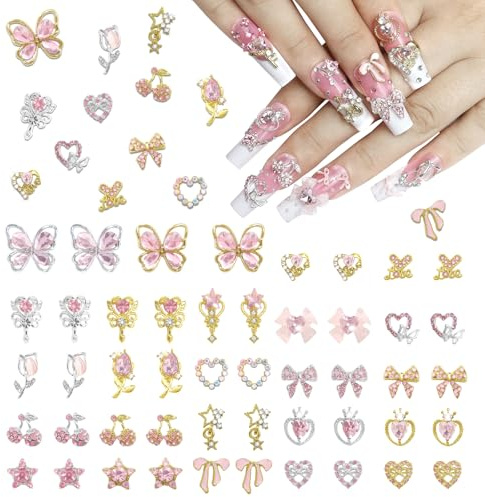 Laza 50pcs Nail Charms Y2k Alloy Nail Rhinestone Charms Heart Butterfly | Nail Gems Tulips Cherry Pink Bow Jewelry Crystal Shiny Rhinestones Nail Decoration Accessories for Nail Design
