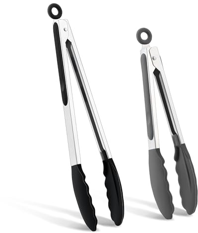 Joyfair 2 Stück Edelstahl Grillzange Set, 34cm & 26cm - Schwarz & Grau | Rutschfesten Silikonspitzen und Griff, Hitzebeständige Küchenzange für Grill, Kochen, Backen, Spülmaschinenfest