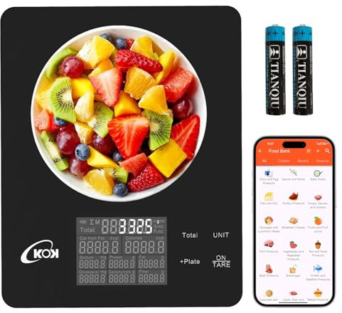 KOK Balance alimentaire avec calculatrice nutritionnelle, balance intelligente de calories avec application pour suivre les glucides de protéines pour la perte de poids, les diabétiques, la pâtisserie