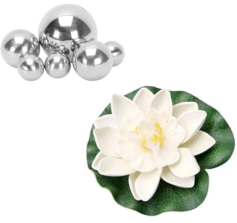 Garten Teiche Deko Set,6 Klein Silber Schwimmkugeln und 5 Weiß Künstliche Seerosen Schwimmende Lotusblüte,Teichkugeln Schwimmend für Miniteich Terrassenteich Zinkwannen Garten Balkon Teichedeko