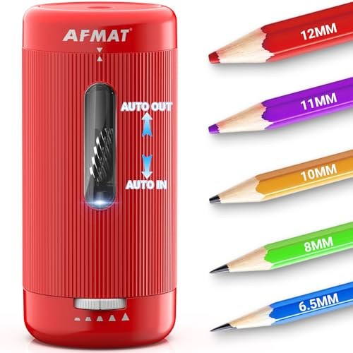 AFMAT Elektrischer Spitzer mit Behälter für Kinder,Auto in & Out, Wiederaufladbar Hands-Free Anspitzer, 5 Schärfegrade, Automatischer Bleistiftspitzer für Jumbo & Buntstifte (6,5-12 mm),Rot PSC3
