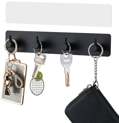 Schlüsselhalter Wand Schwarz Metall mit 4 Haken, modernes Schlüsselbrett klein aus Metall, Enthält 2 selbstklebende Bänder, schlüsselaufhänger & key holder wall für Flur Eingang Haustür Küche Büro