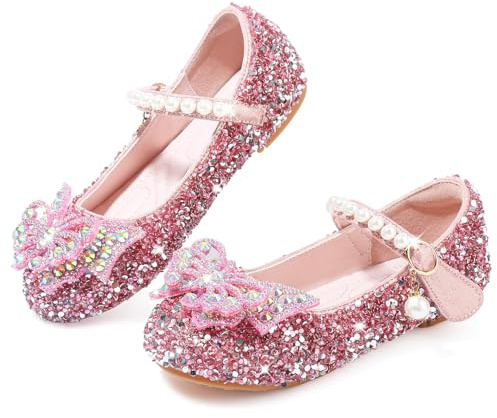 VTASQ Girls Glitter Mary Jane Princess Shoes Flat Sandal Sequin Party Wedding Shoes Toddlers Kids Ballet Dress Shoes Birthday Prom Cosplay Dance Shoes Pink UK12