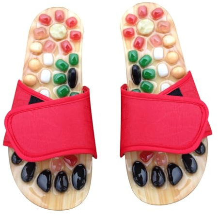 TOYANDONA Sandales de Massage Jade Naturel pour Fatigués Stimulation Acupoints Semelle Galets Confort Pu-eva Rouge Chaussures Santé Plantaire