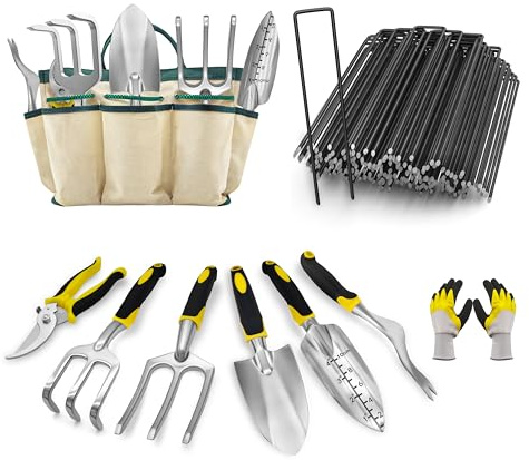 Ensemble de Jardinage 8 Pièces avec Agrafes de Jardin (100) - Kit d'Outils à Main Ergonomiques et Piquets en U pour Fixation de Gazon Synthétique, Toile de Paillage et Clôture - Robuste et Inoxydable